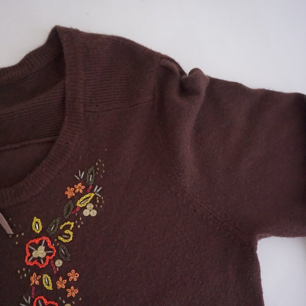 VTG Sag Harbor Brown Floral Embroidered Sequin Ribbon Button Knit Cardigan L - Picture 8 of 12
